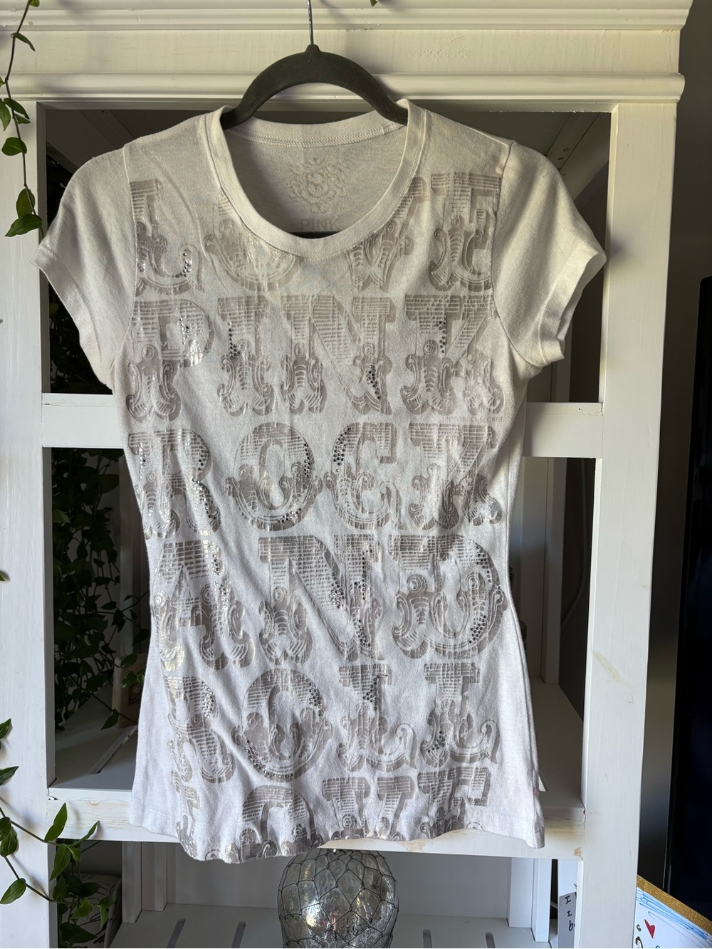PINK Victoria's Secret White Short-Sleeve Graphic Tee with Metallic Accents